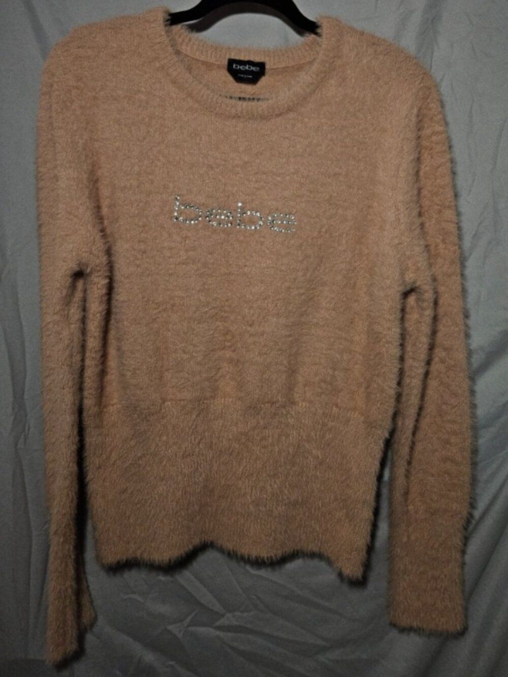 Bebe Fuzzy Eyelash Knit Rhinestone Logo Sweater - Blush Pink / Large